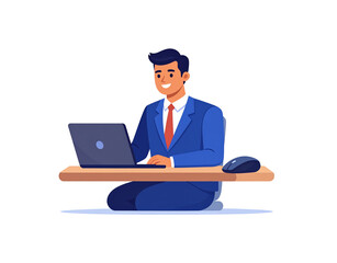 Smiling Businessman Working on Laptop While Kneeling at Low Desk