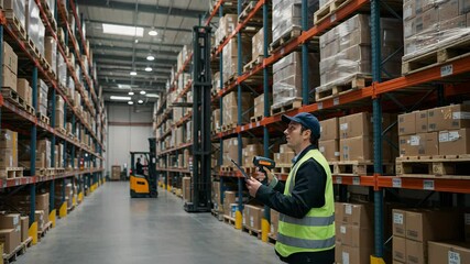 Warehouse Worker Using Handheld Scanner in Large Distribution Center - Powered by Adobe
