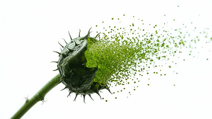 Macro Close-Up of Green Seedburst with Particles on White Background