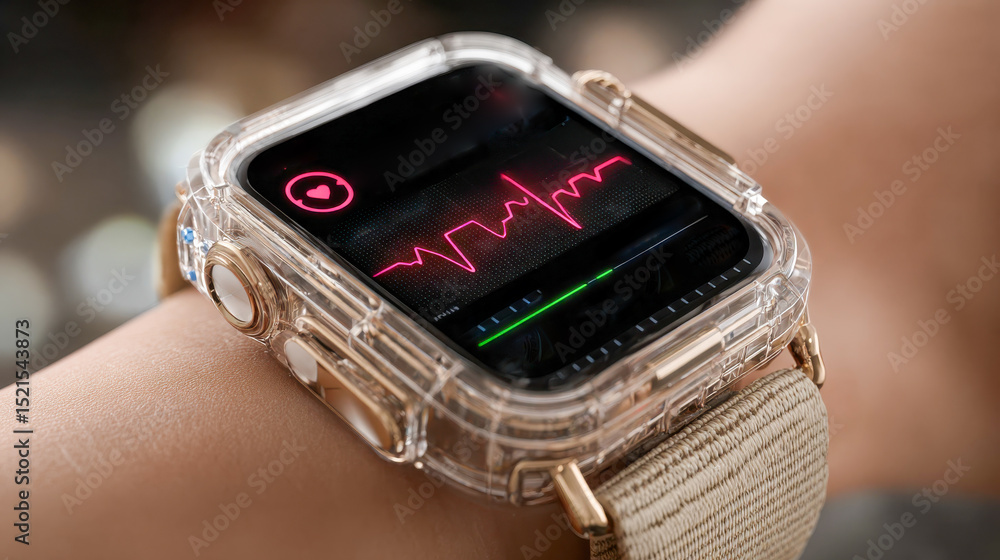 Poster close-up of a smartwatch on a wrist displaying a glowing heart rate graph with a heart icon on the s