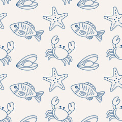 Seafood line art seamless pattern. Blue and white marine design with fish, crabs, clams and starfish.