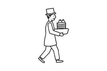 Man in top hat carrying stack of pancakes line drawing