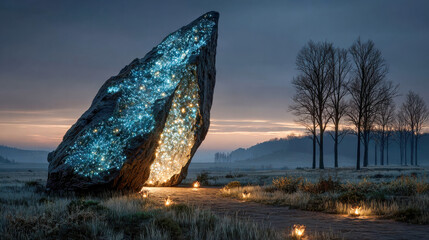 A jagged stone monolith glowing with blue and golden lights, set against a serene landscape at dusk