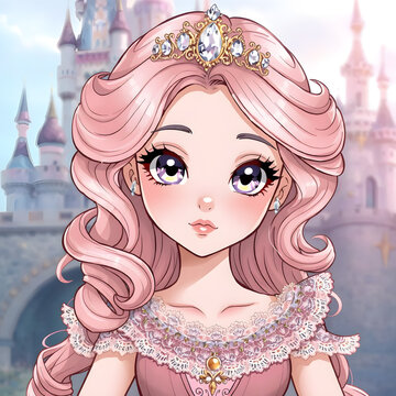 Una dulce princesa de cabello rosa y mirada luminosa, con una delicada tiara reluciente
