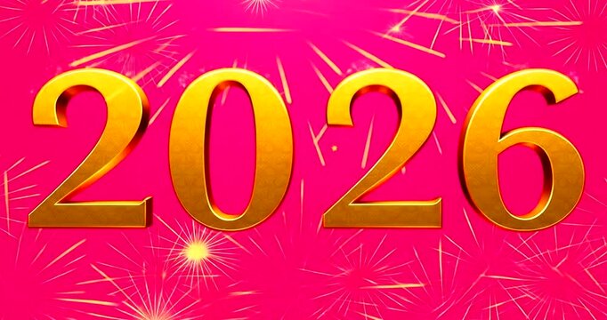 Minimalist bright pink background with gold '2026' and simple firework sparkles