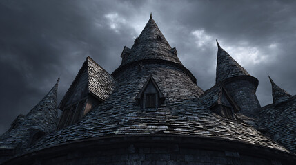 Dramatic Medieval Castle Roof with Conical Turrets Under Stormy Sky