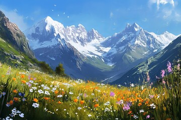 Mountain Landscape with Colorful Wildflowers and Snowy Peaks