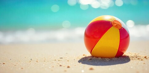 Obraz premium A vibrant beach ball bounces playfully on a sun-drenched summer sand, reflecting the bright sunlight Perfect for summer vacation, holiday, and fun themes , outdoor, coast, yellow