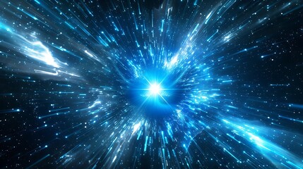 Fototapeta premium Bright blue fractal explosion with glowing stars in an abstract space background