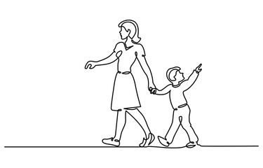 Mother with child. Teacher with a baby in kindergarten. Teacher with student in elementary school. One continuous line . Line art. Minimal single line .White background. One line drawing. See Less