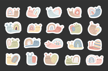 Snail character scandinavian style set created with inspiration for animal themed decorations, charming cartoon elements and hand drawn illustration and design projects