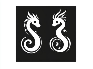 High contrast card featuring a cute dragon in monochrome silhouette illustration