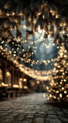 Magical winter evening with warm lights illuminating a charming outdoor setting in the heart of the festive season