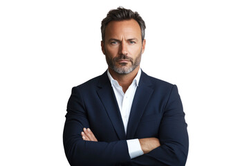 Confident Businessman Portrait: A serious and confident businessman with arms crossed, wearing a dark navy blue suit and crisp white shirt, gazes intently at the camera. 