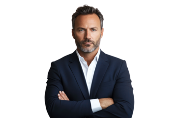 Confident Businessman Portrait: A serious and confident businessman with arms crossed, wearing a dark navy blue suit and crisp white shirt, gazes intently at the camera. 
