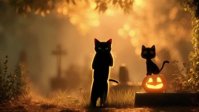 black cat standing on grave on halloween