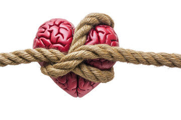 Bound Thoughts: A metaphor for the intertwined relationship between thought and emotion, showcasing a sculpted heart and brain wrapped tightly by a thick rope. 