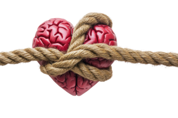 Bound Thoughts: A metaphor for the intertwined relationship between thought and emotion, showcasing a sculpted heart and brain wrapped tightly by a thick rope. 