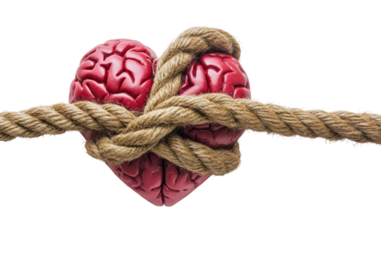 Bound Thoughts: A metaphor for the intertwined relationship between thought and emotion, showcasing a sculpted heart and brain wrapped tightly by a thick rope. 