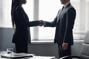 Cropped shot of Caucasian middle aged man and Black young adult woman shaking hands sealing business deal in modern office standing near window