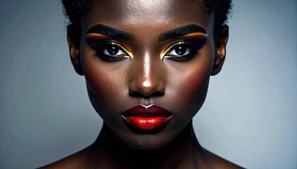 Editorial Beauty Shot of Model with Tri-Color Eyeliner, Glossy Red Lips, and Yellow Blush on White Background