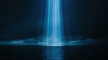 Naklejka premium Mystical Light Beam Over Dark Ocean Water at Night