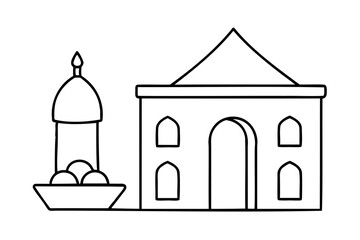 Simple line drawing of mosque with food offering