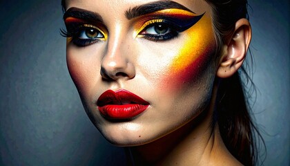 Facial Close-Up of Model Wearing Tri-Color Eyeliner, Bold Red Lips, and Yellow Blush on White