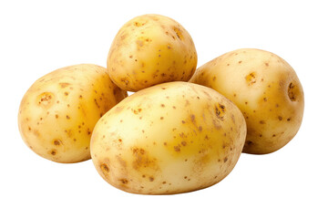 Potatoes Ready to Cook: Four fresh, creamy yellow potatoes, perfect for cooking, are showcased against a clean backdrop. They exhibit a smooth skin with subtle speckles.