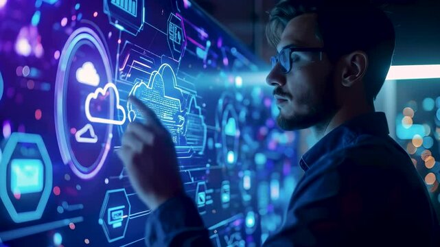 Male IT specialist interacting with a futuristic digital interface, managing cloud backup and restore flow. Technology, data protection, and cybersecurity visualized in a glowing blue environment. - Powered by Adobe