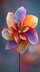 Colorful flower sculpture showcasing vibrant petals against a blurred blue background with artistic detailing