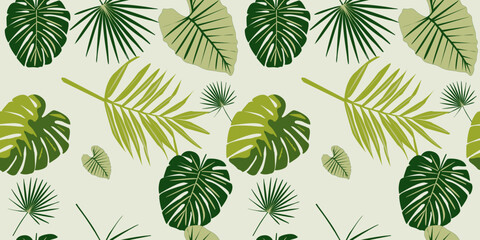 Seamless tropical palm monstera banana leaf pattern design green vibrant