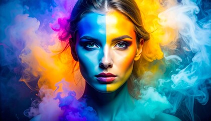 Conceptual Faceless Beauty with Cyan, Orange, Violet, and Yellow Quadrant Makeup in Foggy Surroundings
