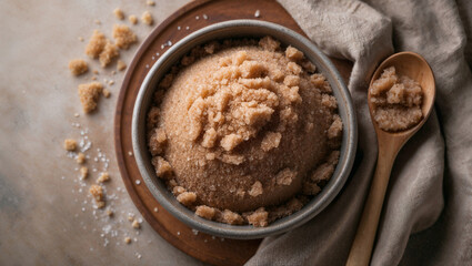 Close-up of homemade brown sugar scrub in a bowl, with a wooden spoon and linen cloth. Perfect for beauty, spa, and wellness.