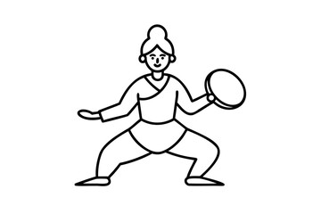 Woman practicing tai chi with a hand drum line drawing