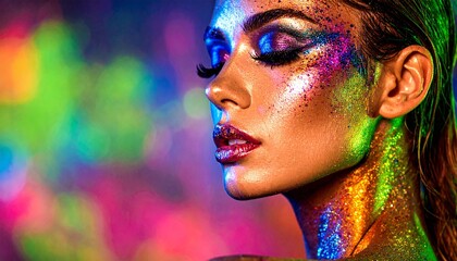 Faceless Glam Beauty with Wet Neon Makeup and Reflective Skin in Pink, Violet, Green, and Gold Lighting