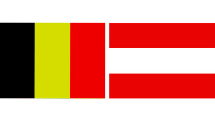Obraz premium Belgium Official flag with Austria national flag, both countries flags in Horizontal shape and isolated on white background Rectangular colorful design Flag with together.