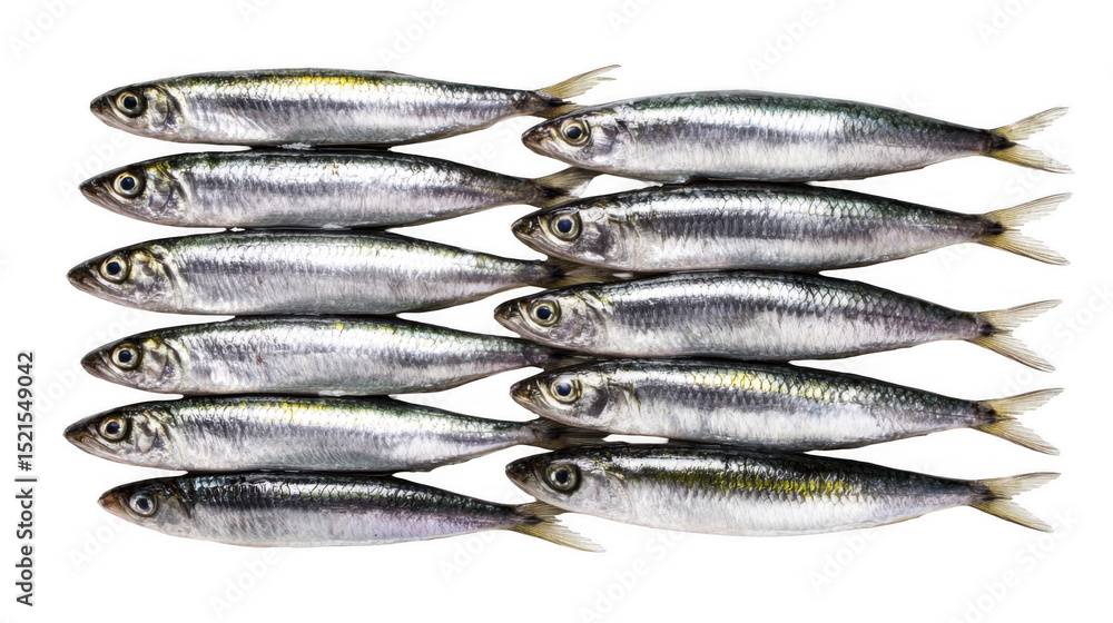 Poster fresh sardines arranged in a vertical strip on a transparent background create a striking pattern wi