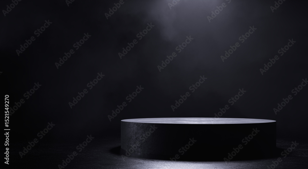 Poster 3d rendering. elegant dark minimalist product display stand with subtle spotlight and abstract smoke
