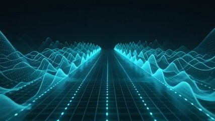 Futuristic digital data flow visualization with glowing lines and sound waveforms in abstract cyber space - Powered by Adobe