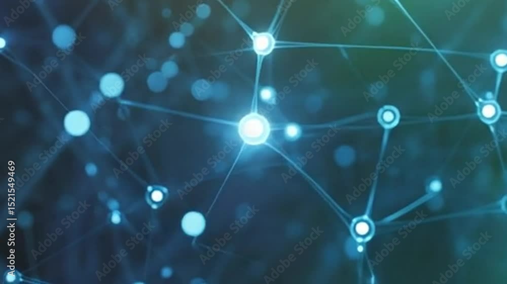 Poster glowing blue neurons illustrating brain activity and neural connections within a complex network
