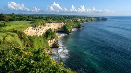 Obraz premium Coastal View Of Tropical Scenery With Lush Vegetation And Blue Ocean