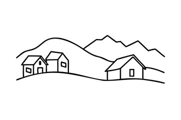Simple line drawing of houses and mountains rural landscape
