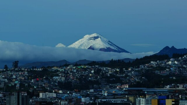 Timelapse of the Cotopaxi volcano at dawn seen from the city of Quito.
