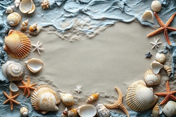 Fototapeta premium Seashells starfish sand summer beach ocean background