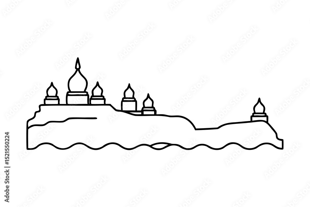 Poster line drawing of a coastal temple complex with multiple domes