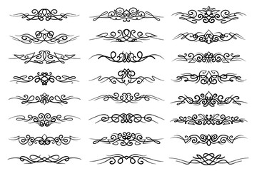 Abstract calligraphy text dividers, vintage ornamental borders. Line art swirl frames, decorative design elements.