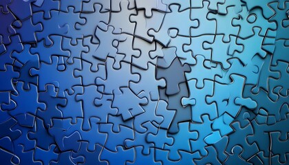 Close-up view of many blue puzzle pieces.