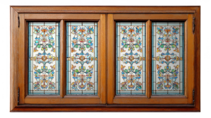 Closed wooden window frame featuring four colorful stained glass panels with floral and art nouveau design. Isolated on transparent background. Perfect for interior design and architectural projects