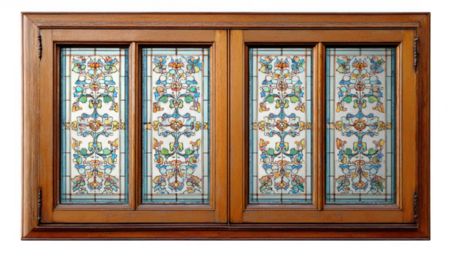 Closed wooden window frame featuring four colorful stained glass panels with floral and art nouveau design. Isolated on transparent background. Perfect for interior design and architectural projects